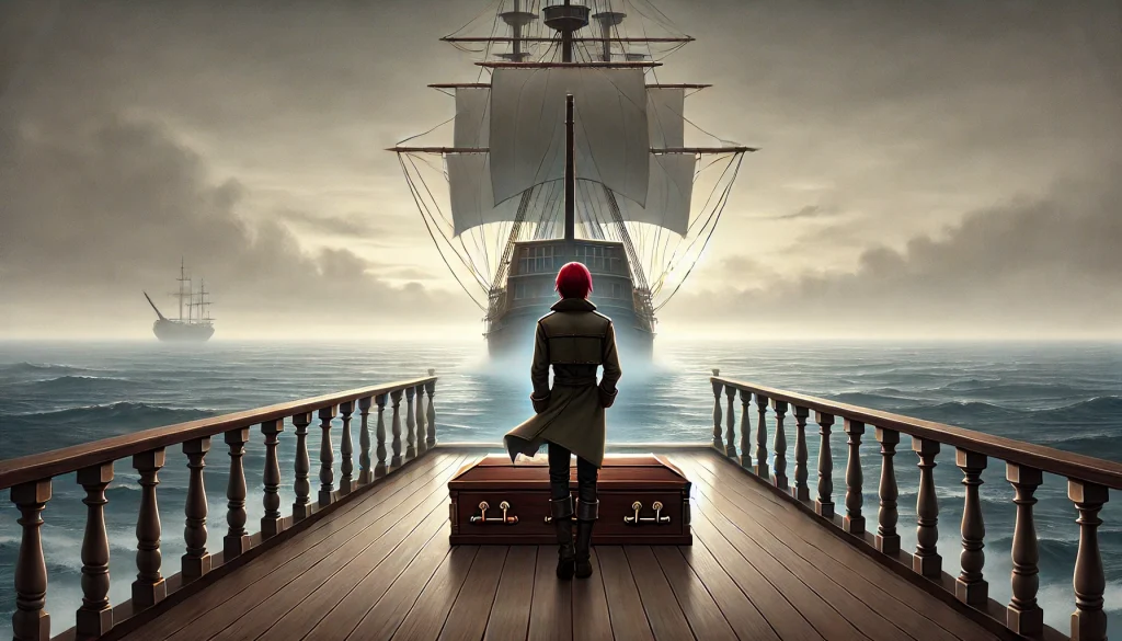 海賊船が霧の中を航行する中、甲板に置かれた棺と、その前に背を向けて立つ赤髪の船長が描かれたアニメ風の情景。旅立ちと物語の終幕を象徴する哀愁ある構図。
