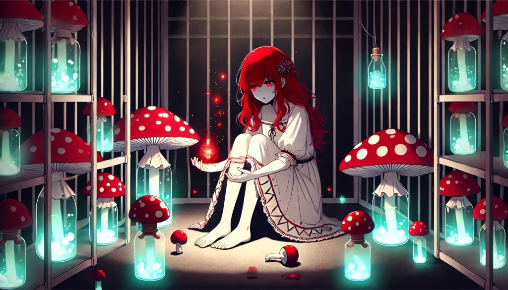 暗い部屋の中で、赤い斑点のあるキノコに囲まれた赤髪の少女が疲れた様子で座り、誰かが差し出す光る薬を拒んでいるアニメ風のシーン。自己犠牲と決意を象徴している。